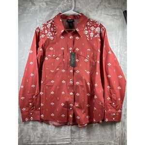 Wrangler Western Shirt Pearl Snap Aztec Mens Sz XL NWT Long Sleeve Coral/white